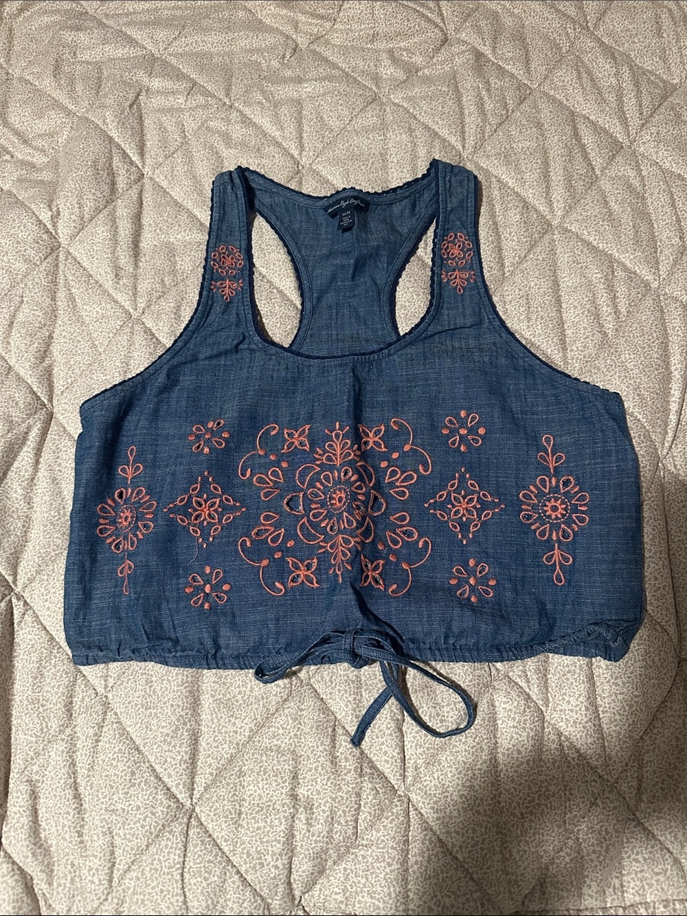 Women’s Navy Blue Embroidered Sleeveless Crop Tank Top